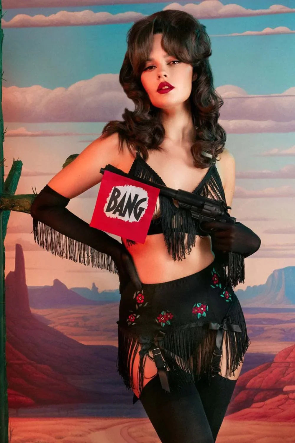 Bettie Page Lingerie Mabel Western Floral Embroidery And Fringe Suspender Belt