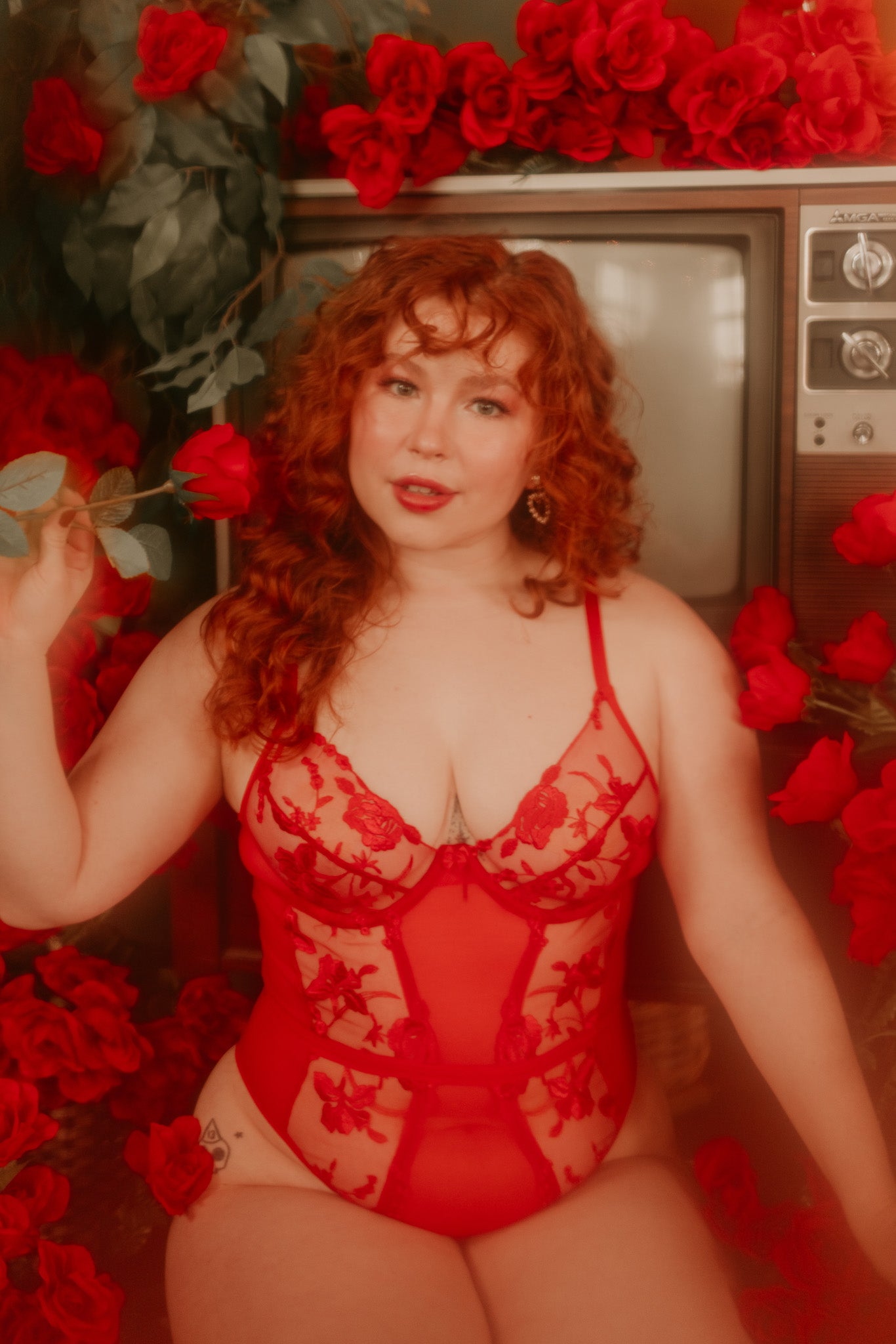 Escante Red Rose Embroidered Teddy Valentine's Day Lingerie - Hidden Intimates
