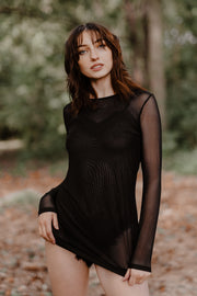 Studded Sheer Long Sleeve Black Dress