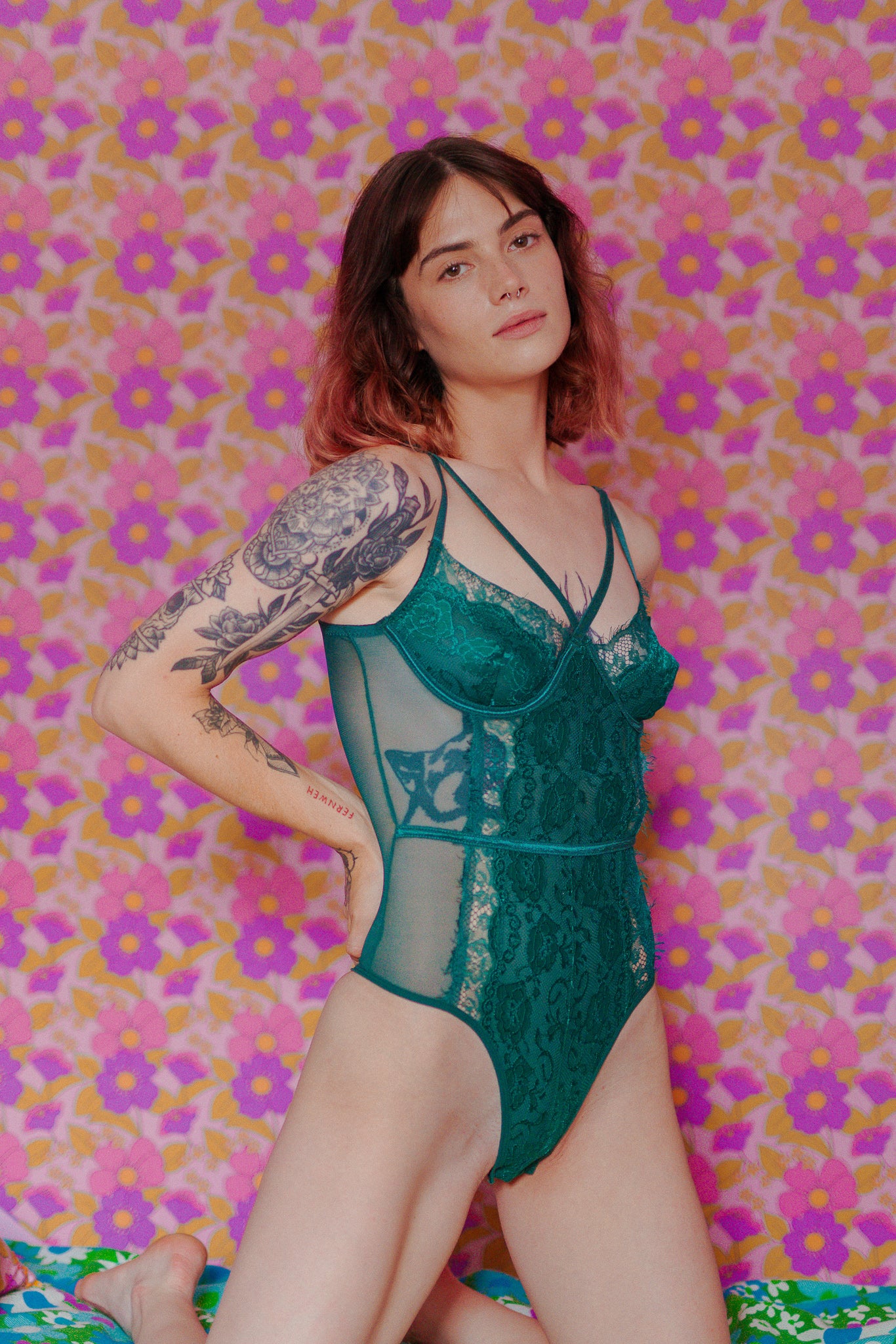 Just Sexy Lingerie Caged Lace Bodysuit Forest Green