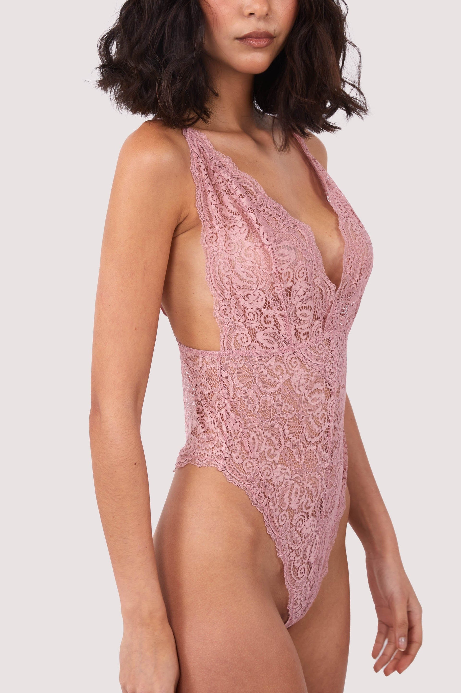 Wolf & Whistle lace lingerie set with picot detail in dusty pink